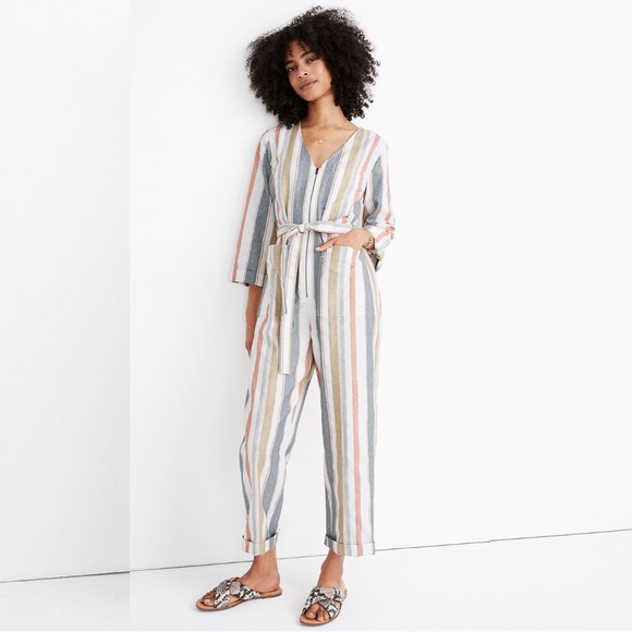 Madewell Pants - MADEWELL V-Neck Tie-Waist Zip Front Multicolor Stripe Cotton Jumpsuit